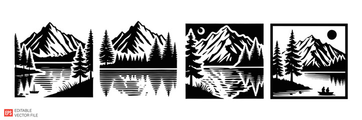 Black Silhouette Outdoor Scenes Featuring Mountains Lakes and Pine Trees