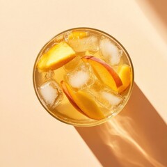 Smooth peach iced tea in a glass. Featuring fresh peach slices and ice