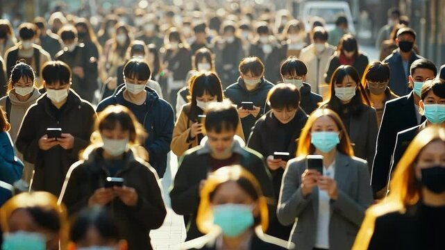 Crowds of Japanese commuters wearing surgical masks and looking at their phones walking backwards in time to work backlit during rush hour. Captured on a telephoto lens in slow motion.