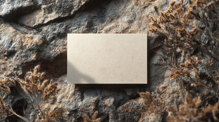 Blank card mockup on rustic stone background with dried flowers. Perfect for branding and design projects.