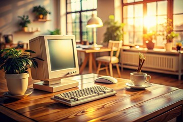 Crisp white desk, vintage computer; a softly blurred background completes the retro office scene.