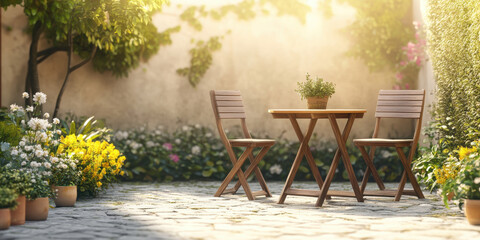 Sunny patio scene with wooden table and chairs surrounded by lush flowers and greenery.