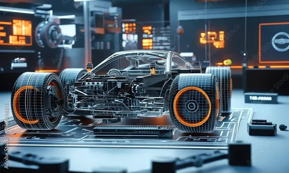 Poster a futuristic car design displayed in a high-tech environment.