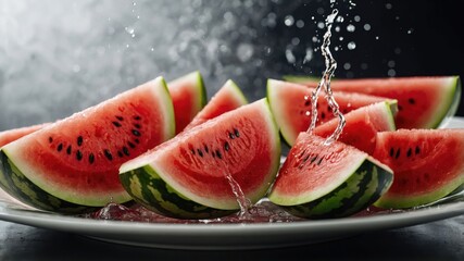 Fresh watermelon slices on a plate with water splashes, highlighting summer refreshment.
