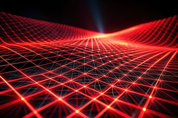 Dark background, vibrant red grid illuminates, neon lines streak, abstract long exposure photography.
