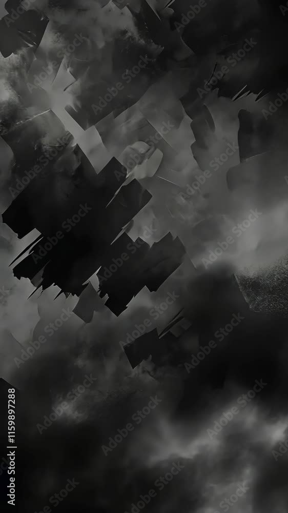 Poster dark abstract composition featuring fragmented shapes and ominous clouds in a monochromatic palette