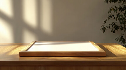 Empty wooden frame on a light wood table bathed in sunlight. Minimalist, clean, and perfect for product displays or presentations.