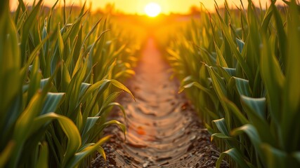 Fototapeta premium Golden Sunset Cornfield Rows - AI Photorealistic