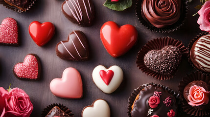 Fototapeta premium Assortment of Heart Shaped Chocolates and Roses for a Romantic Valentine Display : Generative AI