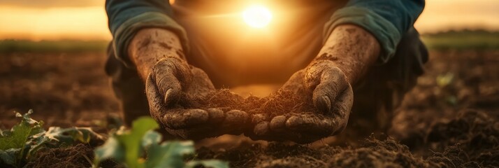 Tablet in farmer dirty hands with sunset, farming concept banner