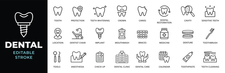 Dental icon set. Dentistry, tooth, toothbrush, implant, braces, teeth whitening, oral care icons. Dentist clinic outline icons collection. Editable stroke