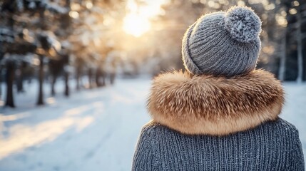 Woman in winter forest at sunset.