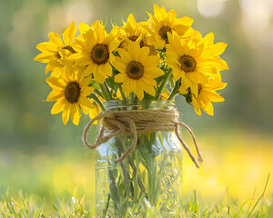 Vibrant sunflowers in a rustic mason jar, bathed in sunlight, create a cheerful summer scene perfect for home decor or greeting cards.
