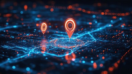Glowing location markers on a digital city map.