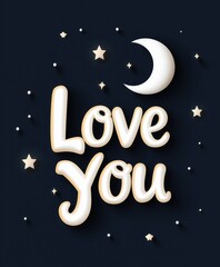 Fototapeta premium 3D-styled 'Love You' text with crescent moon and scattered stars on a dark background
