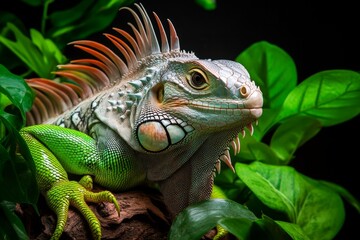 Fototapeta premium An iguana blending seamlessly into a rainforest scene, surrounded by moss-covered rocks and dense vegetation