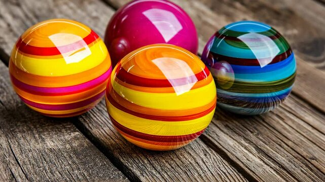 Colorful striped glass marbles resting on a rustic wooden surface in bright daylight