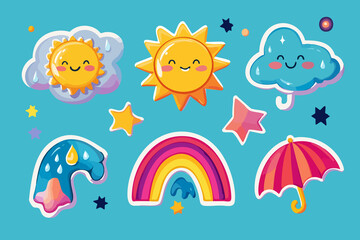 Weather-Themed Sticker Pack Featuring Sun, Clouds, Rainbow, and More in Colorful Vector Design