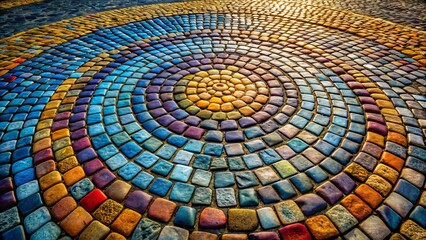 Fototapeta premium Cobblestone Circle Pattern: Wide-Angle Photography - Circular Stone Pavement Design