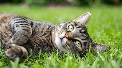 Playful tabby cat relaxing on lush green grass outdoor scene natural light close-up perspective