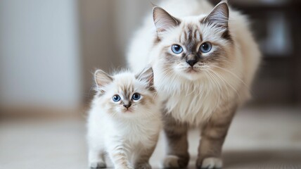 Fototapeta premium Playful cats and kittens together at home adorable animal companionship cozy indoor setting close-up view