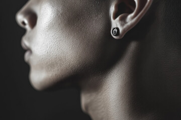 Fototapeta premium Close-up profile of a person's face and neck, showcasing smooth skin and a small ear piercing.
