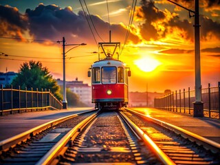 Colorful Retro Tram Silhouette, Vintage Streetcar Photography, Cityscape, Sunset, Railway Tracks