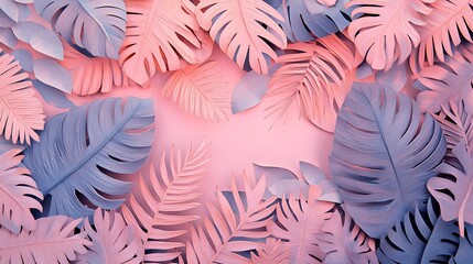 Naklejka premium Paper cut out tropical leaves on a pink background. Tropical leaves, paper cut foliage pastel pink background plant in green color with copy space ,foliage plant in blue color with space background,