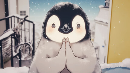 Obraz premium cute penguin in praying pose stands near icy pond under falling snowflakes