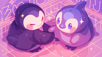 Adorable penguin and dolphin characters shaking hands on glowing icy platform