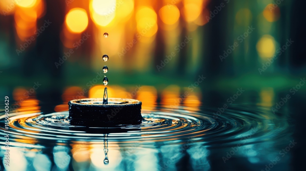 Poster droplet creating ripples on water surface with beautiful bokeh lights in background of nature scener