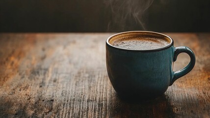 Steaming coffee cup rustic wooden table beverage photography cozy atmosphere close-up comfort and warmth
