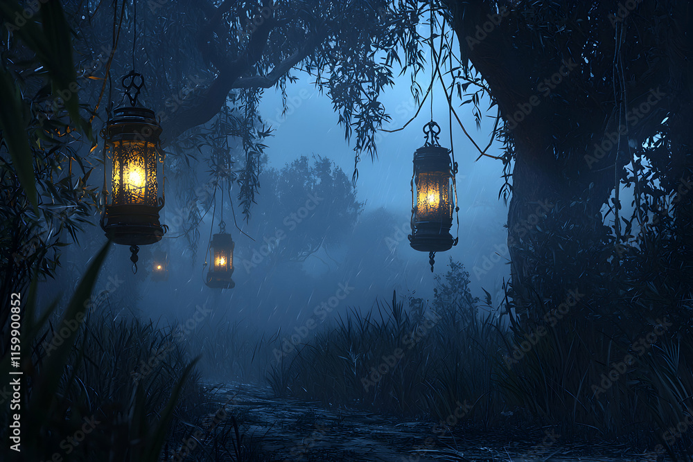 Aufkleber enchanting night scene mystical lanterns illuminate a fog-shrouded path through a dark forest, creat