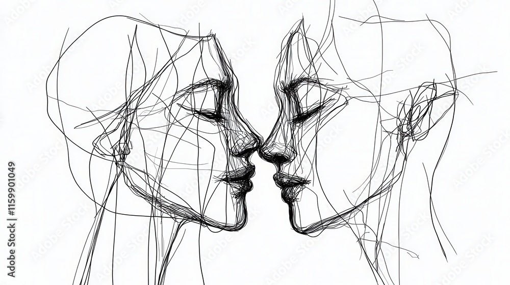 Poster abstract line art of two faces facing each other in a minimalist style with artistic details