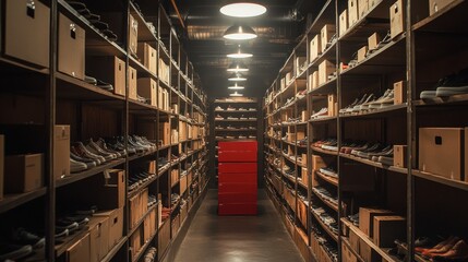 Obraz premium Warehouse filled with shelves of packaged shoe boxes, industrial lighting 
