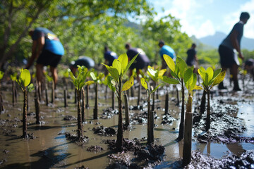 Volunteers planting young mangrove trees in a coastal wetland.  A conservation effort to restore the ecosystem.
