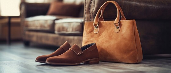 Brown leather loafers and handbag on wooden floor.