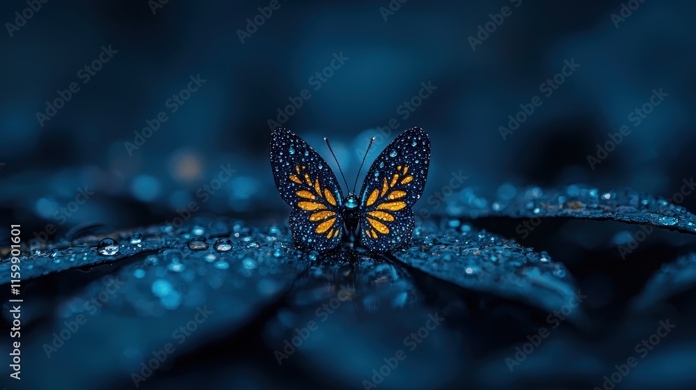 Aufkleber stunning butterfly with intricate patterns perched on dew-covered leaves in a captivating dark setti