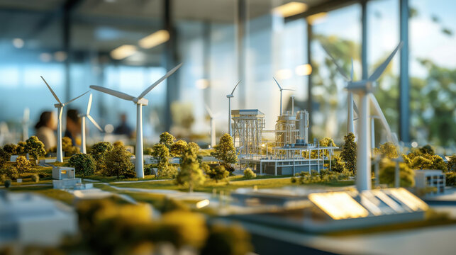 Eco-friendly energy model with wind turbines and industrial plant. Sustainable future concept.