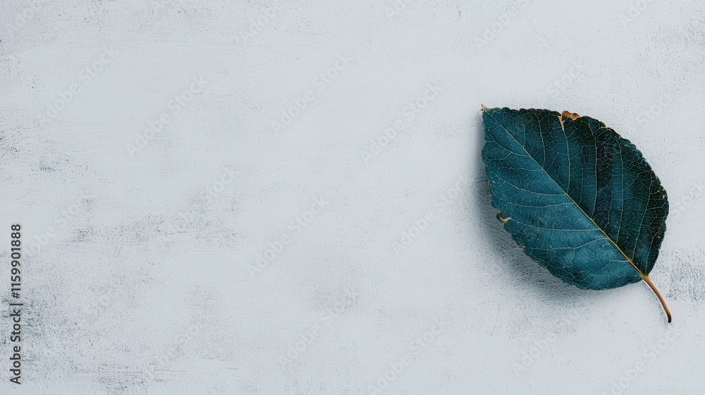 Poster single green leaf on light grey surface with texture and minimalistic style for nature or design use