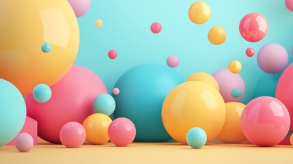 Colorful floating spheres on a pastel blue backdrop