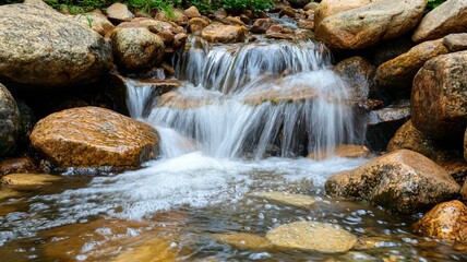 Fototapeta premium Flowing waterfall scene rocky stream nature photography serene environment close-up view tranquil concept