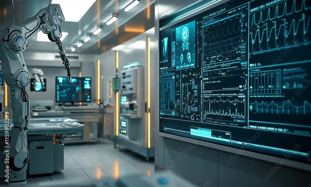 Aufkleber a futuristic lab with advanced technology and robotic elements.
