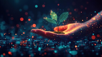 Glowing digital hand cradles a sprouting plant, symbolizing growth and technology.
