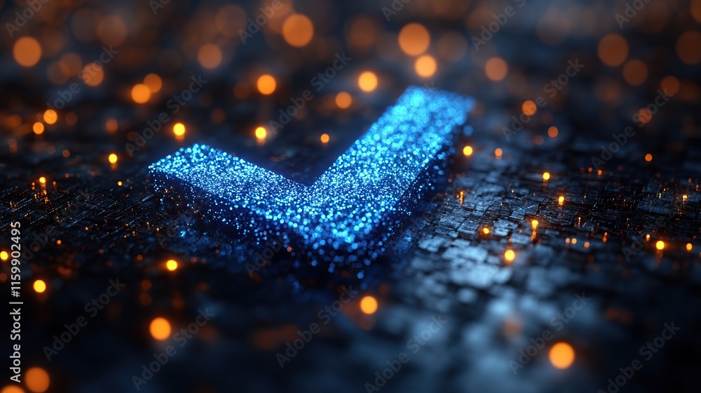 Poster glowing blue checkmark symbol on dark textured background with orange bokeh lights.