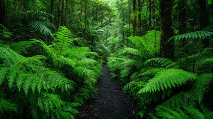 Fototapeta premium Exploring lush green pathways tropical rainforest nature photography dense foliage eye-level perspective serenity in nature
