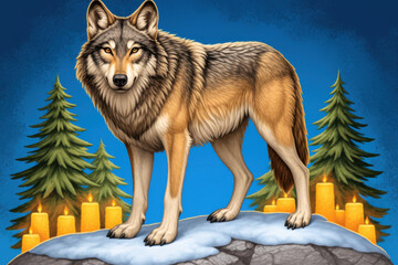 majestic wolf stands confidently on snowy rock, surrounded by glowing candles and evergreen trees