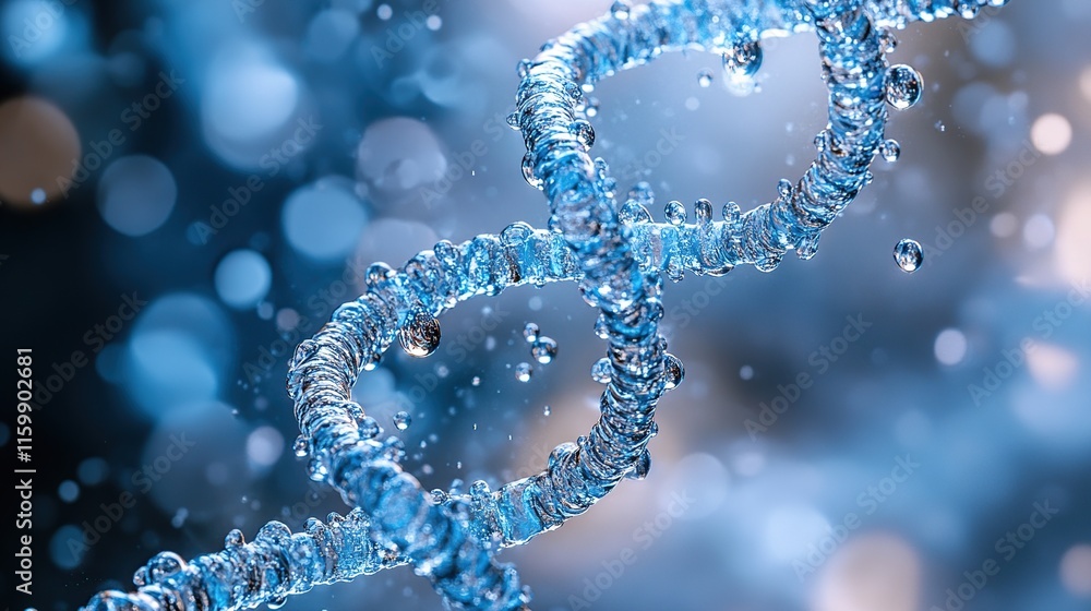 Poster abstract dna double helix structure formed by water droplets against a bokeh background.