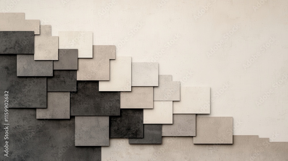 Poster abstract geometric background with layered squares in gray, beige, and white tones on textured canva