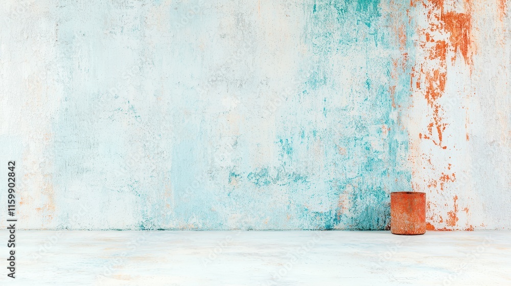 Poster abstract textured wall with blue and orange splashes and a rusty can on the ground